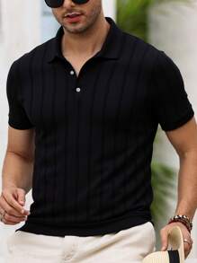 Men's Short Sleeve Ribbed Polo Sweater, Suitable For Daily Wear, Outdoor And Commuting, Old Money Style