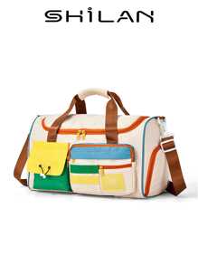 SHILAN A Set Of Fashionable And Casual Campus Style Travel Luggage, Lightweight, Foldable, Large Capacity, Front Multi Pocket Design With Contrasting Colors, And Equipped With Dry Wet Separation Straps And Item Straps. It Can Be Carried On One Shoulder Or Cross Body, And Can Also Be Equipped With A Portable Suitcase For Use. More Suitable For Students Facing The Start Of School.