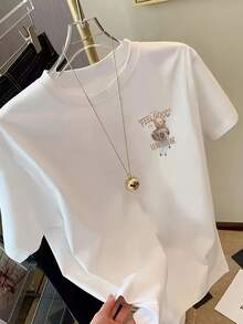 Oversized Cartoon Teddy Bear Print Short Sleeve Mid-Length T-Shirt, Women Loose Fit Showing Slim Design Casual Top, White Summer - White - View 2