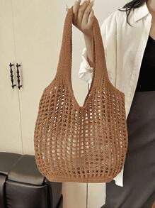 Leisure Large Capacity Woven Bag Hollow Design Knitted Shoulder Bag Holiday Beach Shopper Tote For Women Travel Women Crochet Tote Bag Hollow Beach Bag Large Capacity Fashion Knitted Bag Solid Color Simple Shopping Bag For Travel Vacation