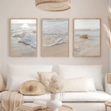 3 Stücke Boho-Stil neutrale Farbe Strand- und Küstenlandschaft Leinwanddrucke, Ozean Poster, moderne Kunst, Sonnenuntergang Strand Drucke, Natur Szenerie Wanddekoration, Heimdekoration, Schlafzimmer Wohnzimmer Flur, Wandkunst - Beige - Übersicht 2