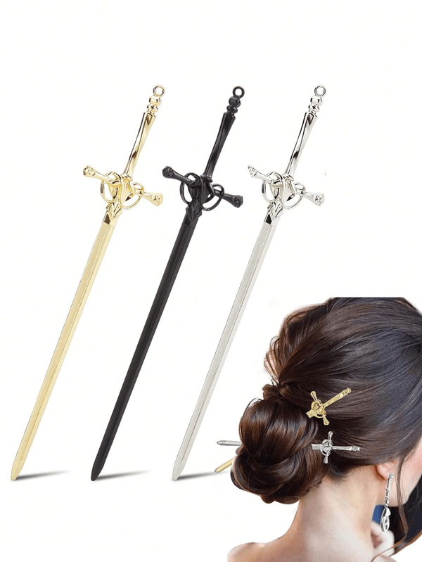 3pcs Simple Chinese Style Metal Sword Hairpin, Elegant Hair Stick For Daily Life And Gatherings Hair Bun Hair Bun Maker Bun Hair Piece Hair Styling Pins, School Stuff