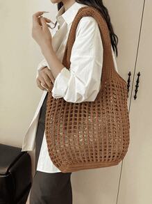 Leisure Large Capacity Woven Bag Hollow Design Knitted Shoulder Bag Holiday Beach Shopper Tote For Women Travel Women Crochet Tote Bag Hollow Beach Bag Large Capacity Fashion Knitted Bag Solid Color Simple Shopping Bag For Travel Vacation