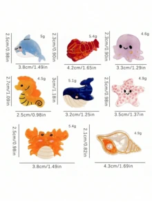 1/8pcs Cute Small Size Ocean Themed Hair Clip - Seashell, Shrimp, Dolphin, Adorable Hair Accessories For Vacation Photos & Bangs, For Women Beauty Claw Clips Cute Hair Claw Fall Winter - Multicolor - View 10
