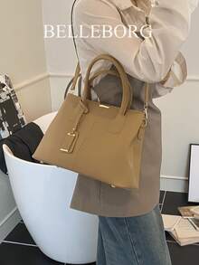 复古大容量女士手提包 - 卡其色 - 查看 2