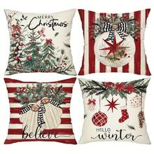 4pcs, Merry Christmas Throw Pillow Covers, Rustic Christmas Tree Glove Eucalyptus Leaf Red Stripe Pillow Covers, Winter Holiday Farmhouse Home Decor Pillow Covers