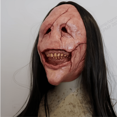 Máscara de demonio de pelo largo de terror de Halloween, sonrisa espeluznante, máscara de demonio con cara de cicatriz roja