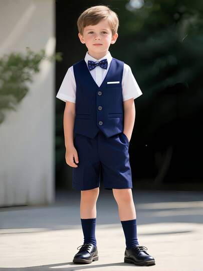 3 件套年轻男孩优雅舒适绅士装，卡其色背心和短裤配领结，适合日常穿着、户外、学校、派对、节日、拍照、夏季