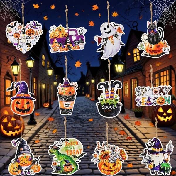 24pcs Halloween Wooden Decorative Hangings Pumpkin, Spider, Witch, Home Decor Items, Scenery Layout Halloween Decor Fall Decor Room Decor