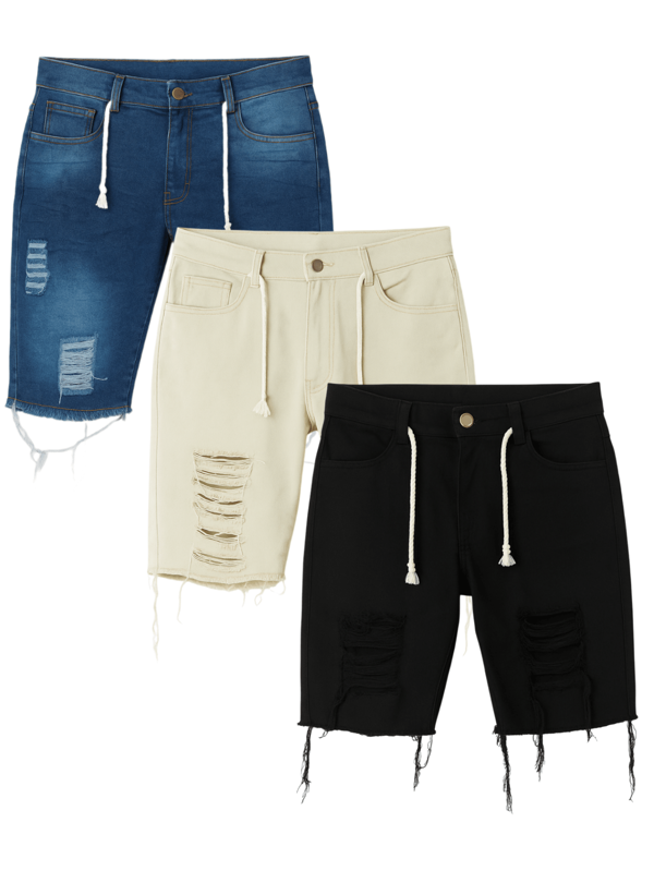 Kit 3 Bermuda Jeans Masculina Destroyed com Cordão Estilo Urbano e Conforto Total