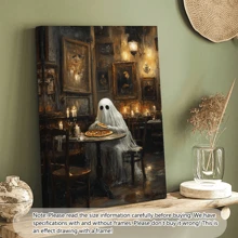 1pc Ghost Eating Pizza Halloween Print, Vintage Halloween Art Poster, Spooky Ghost Wall Art, Fall Decoration, Halloween Wall Decor, Dark Academia, Retro Design, Halloween Decor | Halloween Poster | Framed Or Unframed, Room Decor, Home Decor, College Dorm Apartment Decor, Gifts For Wall Decoration In Hotel, Home, Living Room, Bedroom, Bathroom And Office