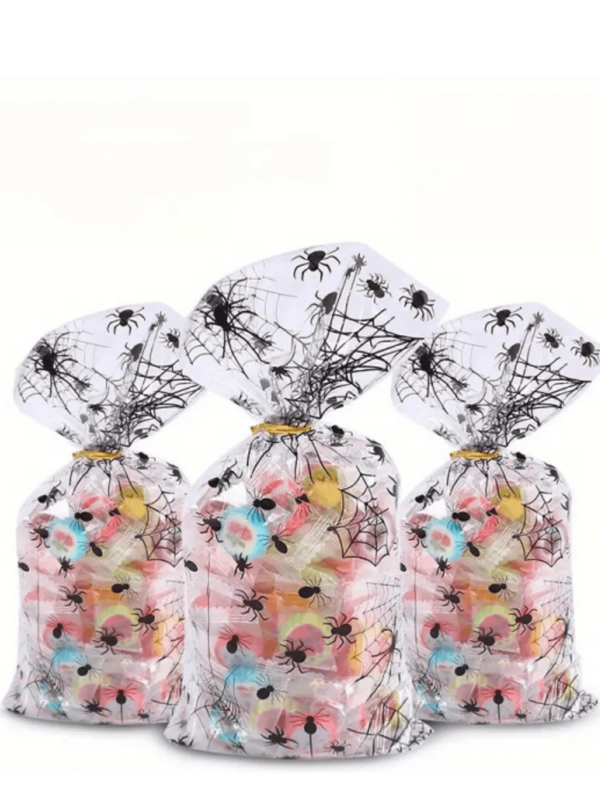 50pcs/100pcs Transparent Gift Packaging Bags With Black Spider Prints, Flat Pouches With Tie Ribbons