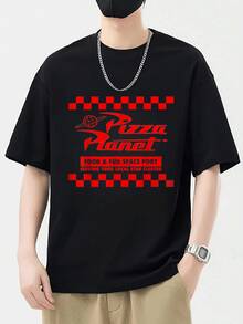 Camiseta Veraniega Moda para Hombre, Casual, Cuello Redondo, 220g, 1 Unidad Estilosa, 100% Algodón, "Pizza Planet" Digital Impreso - Negro - Ver 2