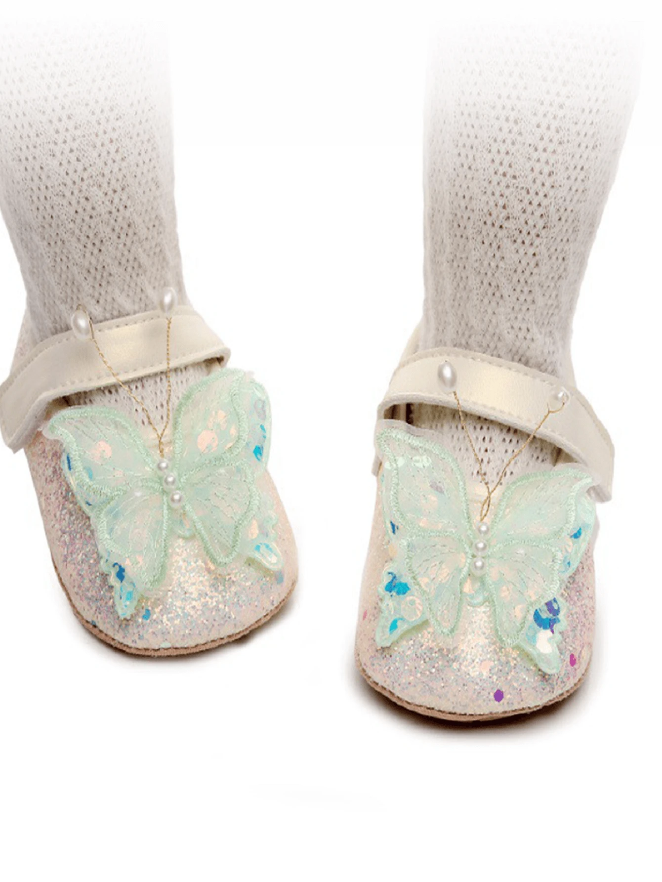 Baby Girl Dress Shoes Shiny 3D Butterfly Princess Mary Jane Flats Non-Slip Crib Shoes - 綠色 - 查看 1