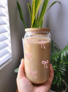 1pc 16oz Transparent Cup Comes With Bamboo Lid & Straw,With Pink/Blue Bow Design, Large Capacity Outdoor Travel Portable Drink Juice Cup For Summer & Winter, Birthday Party Holiday Gift, Christmas Present