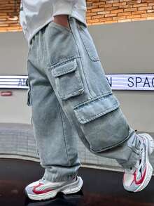 青少年多口袋牛仔裤男童春秋裤子儿童时尚水洗休闲宽松直筒长裤 - 淺色水洗藍 - 查看 5