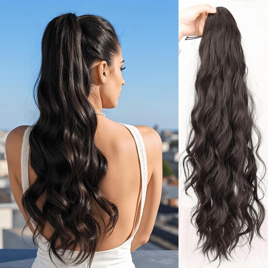 24 Inch (Approx. 60.9cm) Long Chocolate Brown Wavy Ponytail Extension, Natural-Looking Synthetic Heat Resistant Drawstring Curly & Wavy Ponytail, Suitable For Daily And Holiday Wear - Chocolate Brown - View 1