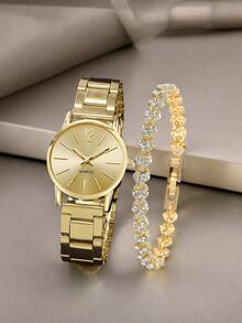 2 Pieces/Set Fashion Elegant Gold Round Quartz Watch And Bracelet As A Couple's Gift, Suitable For Daily Casual Wear, Simple And Elegant, Perfect As A Halloween, Christmas, Or Birthday Gift. - Multicolor - View 8