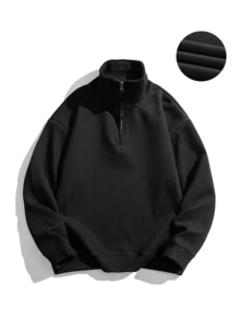 男士纯色宽松立领半拉链套头衫，适合春秋季节 - 黑色 - 查看 4