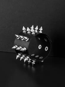 Punk Style Rivet PU Leather Bracelet, 80s Gothic Punk Rivet Faux Leather Cuff Bracelet, Suitable For Men And Women, Party Gift - Fashion Black - View 3