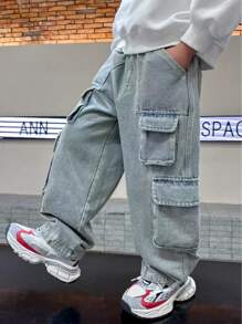 青少年多口袋牛仔裤男童春秋裤子儿童时尚水洗休闲宽松直筒长裤 - 淺色水洗藍 - 查看 3