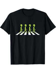 Camiseta gráfica divertida de hombres con diseño de cruce de extraterrestres - 100% algodón 180g suave y transpirable, ajuste regular, camiseta de manga corta con siluetas de extraterrestres verdes y diseño de cruce de cebra para uso casual, regalo de Halloween y Navidad - Negro - Ver 2
