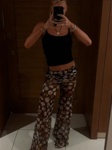 Women Mesh Sheer Flare Leg Bottom Pants Y2k Graphic Fold Waist See Through Festival Dance Rave Outfit Party Clubwear - màu đen - Xem 5
