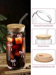 1pc 16oz Transparent Cup Comes With Bamboo Lid & Straw,With Pink/Blue Bow Design, Large Capacity Outdoor Travel Portable Drink Juice Cup For Summer & Winter, Birthday Party Holiday Gift, Christmas Present