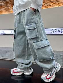 青少年多口袋牛仔裤男童春秋裤子儿童时尚水洗休闲宽松直筒长裤 - 淺色水洗藍 - 查看 1