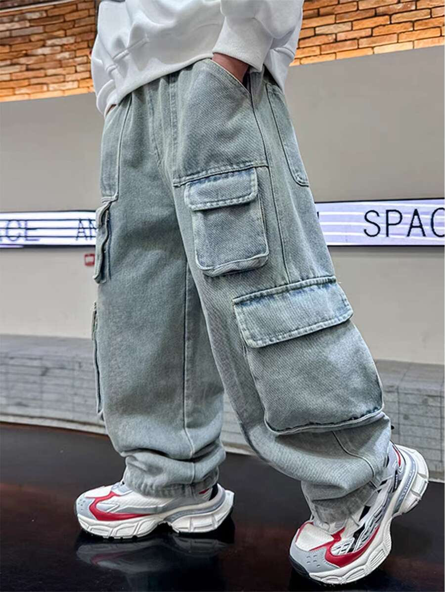 青少年多口袋牛仔裤男童春秋裤子儿童时尚水洗休闲宽松直筒长裤 - 淺色水洗藍 - 查看 1