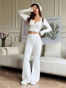 Solid Color High Waist Stretch Flared Pants Sports Yoga Pants Compression Leggings Running Fitness Pants White - White - View 3