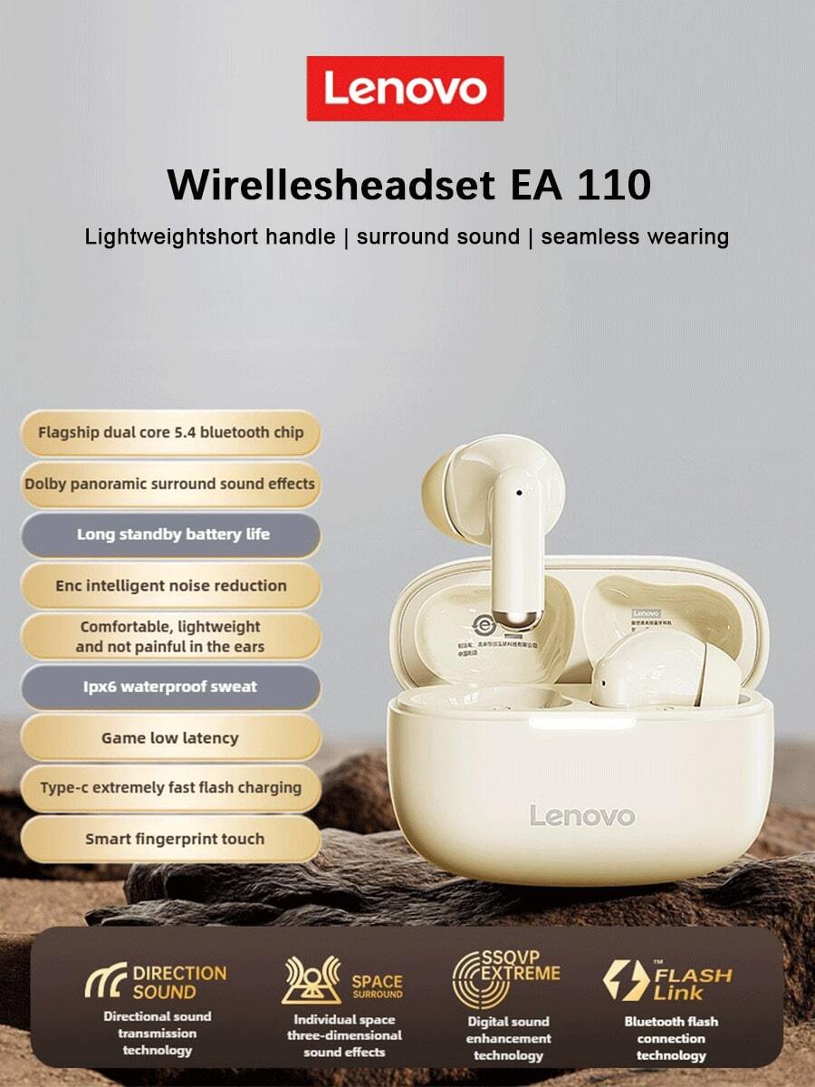 Lenovo Auriculares inalámbricos EA110, Bluetooth 5.4, control táctil inteligente, batería de larga duración, compatible con Android e iOS, empaque y manual en chino