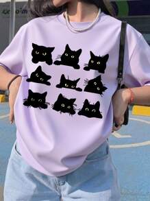 青少年女孩可爱卡通猫咪印花短袖柔软面料可爱 T 恤，休闲日常春夏装，青少年女孩上衣