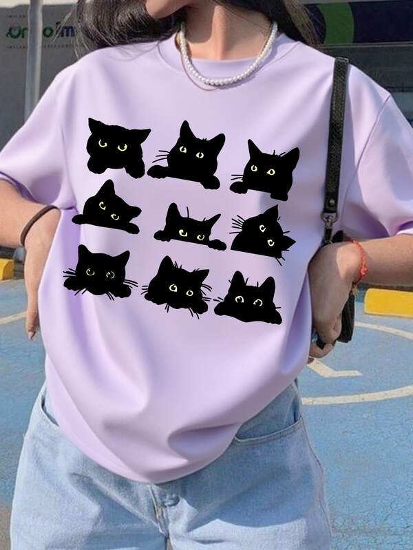 Blusa de manga corta con estampado de gato de dibujos animados, de tela suave y diseño lindo, para uso casual de primavera y verano, para adolescentes