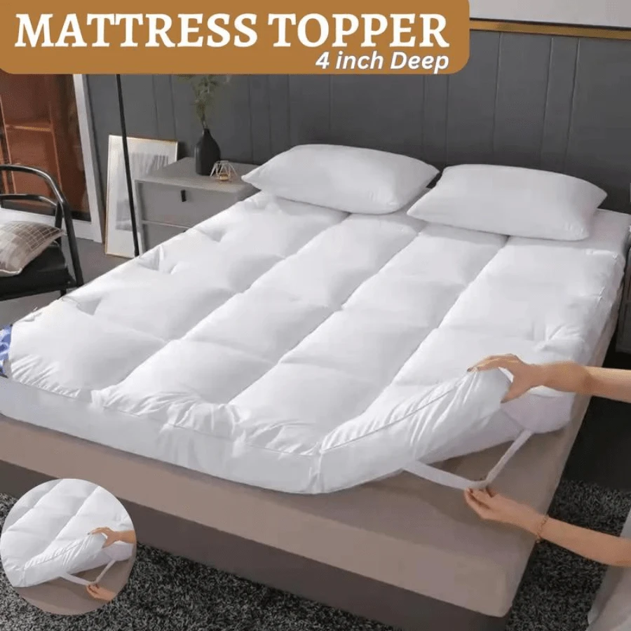 Extra Thick Mattress Topper 10cm Deep Hotel Quality Thickness With Elasticized CornersSoft & Comfy Box Stitched Hotel Quality Breathable Noiseless Washable Anti Slip Fluffy Mattress Topper Supersoft Heavy Fill-Stitched And Elasticated Corner Strap Uk Topp