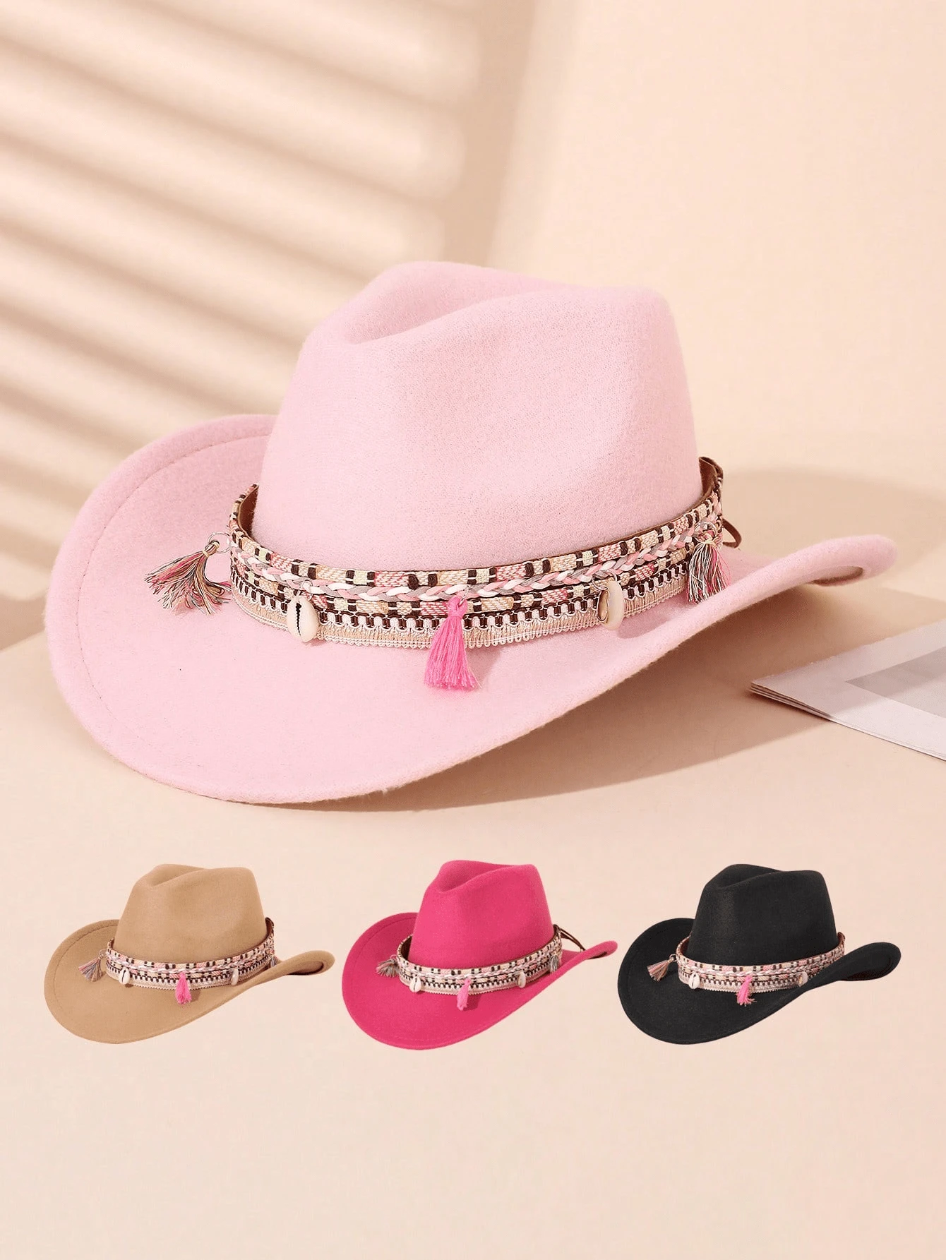 1pc Women's Western Cowboy Hat, Solid Color Trilby Hat, Suitable For Holiday Parties, Gatherings, Outings, Etc. - Tassel Colored Rope Hat - View 1