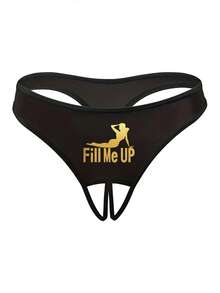 Tanga de mujer con estampado sexy y abertura en la entrepierna, de tela fina para salir - Negro - Ver 5