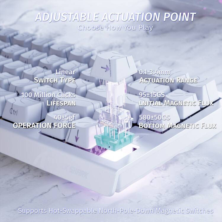 ATTACK SHARK X68 HE Teclado Mecânico Gamer 60% com Fio, Switch Magnético Hall Effect com Ativação Rápida, Driver Ajustável, Taxa de Polling de 8KHz, Retroiluminação RGB, Montagem Superior, Keycaps com Impressão Lateral - Linhas de contorno brancas - Visão 3