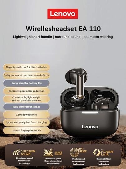 Lenovo EA110 Wireless Earbuds, Bluetooth 5.4, Smart Touch Control, Super Long Battery Life, Compatible With Android & IOS, Chinese Packaging & Manual