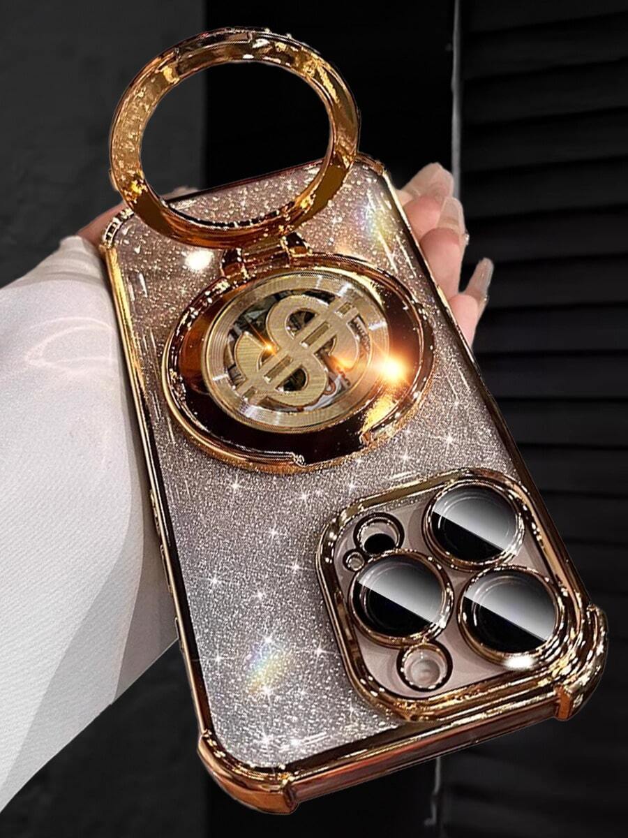奢华电镀透明手机壳，创意美元符号支架，闪亮水钻Y2K风格，防震，新款夏季时尚硅胶软壳保护套，兼容 16/16E/15/14/13/12/11/X/XS/XR/8/7 Plus/Pro/Max/Mini，Galaxy S24/S25 Ultra，兼容小米、荣耀、Reno、MOTO Women 2025等机型。