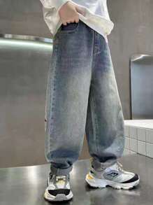 男童印花牛仔裤青少年儿童春秋季新款松紧腰休闲宽松长裤 - 中等水洗藍 - 查看 3