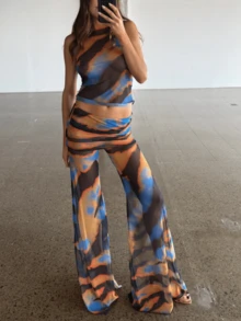 Women Mesh Sheer Flare Leg Bottom Pants Y2k Graphic Fold Waist See Through Festival Dance Rave Outfit Party Clubwear - màu nâu - Xem 2