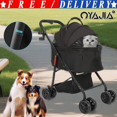 OYAJIA Dog Stroller Foldable Pet Pram For Small Dogs Cats, Cat Trolley With Storage Basket, 360° Rotating EVA Wheels With Brakes, Belt, Mesh Windows Sunproof Travel Pet Carriage(Max 15kg)