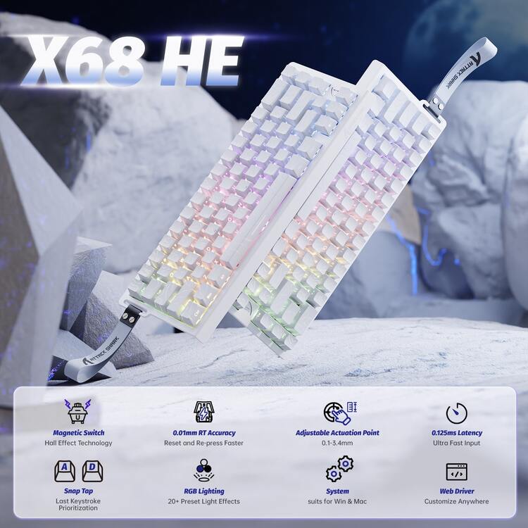 ATTACK SHARK X68 HE Teclado Mecânico Gamer 60% com Fio, Switch Magnético Hall Effect com Ativação Rápida, Driver Ajustável, Taxa de Polling de 8KHz, Retroiluminação RGB, Montagem Superior, Keycaps com Impressão Lateral - Linhas de contorno brancas - Visão 1