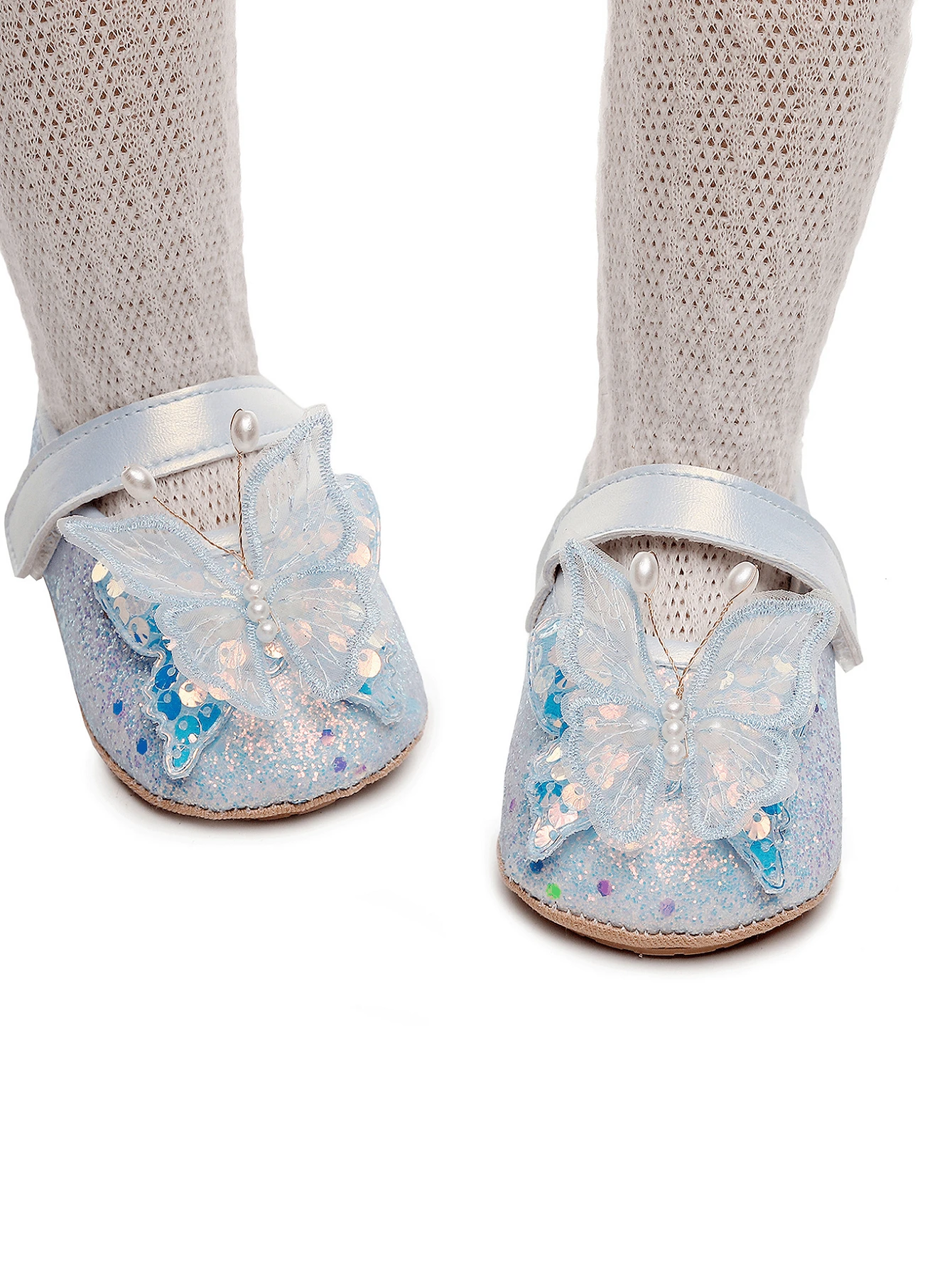 Baby Girl Dress Shoes Shiny 3D Butterfly Princess Mary Jane Flats Non-Slip Crib Shoes - Màu xanh lam - Xem 1