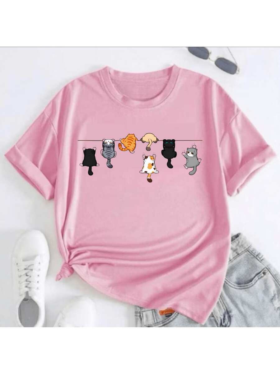 Falling Cats T-Shirt Basic Cotton Shirt Printed Cute Kittens Casual Fashion - 淺粉色 - 查看 1