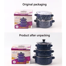 3 件套多功能搪瓷炊具套装，轻巧，带玻璃盖，汤锅，炖锅，不粘锅，易于清洁，适用于燃气、电和电磁炉 - 耐用的厨房必需品，适合家庭和餐厅使用，非常适合户外露营、家庭厨房和餐厅 - 琺瑯三件套 - 查看 7