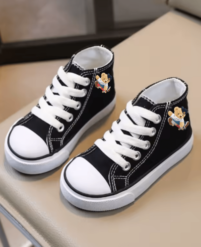 1 par de zapatillas de niño  de lona deportivos estilo oriental detalle oso zapatos informales con cordones de otoño, suela suave versátil a la moda, zapatos deportivos para bebés y niñas suela antideslizante