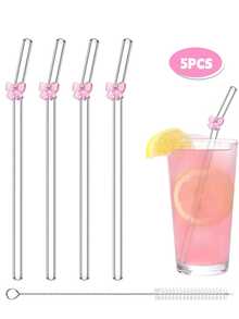 6Pcs Reusable Glass Straws With Pink Bow Charm, Ins- Bachelorette Bridal Party Decor, Drinking Straws Set + Cleaning Brush, Summer Cup Accessories - Multicolor - View 14