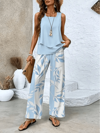 2pcs/Set New Elegant Casual Sleeveless Double Layer Vest & Printed Pants Set, Summer